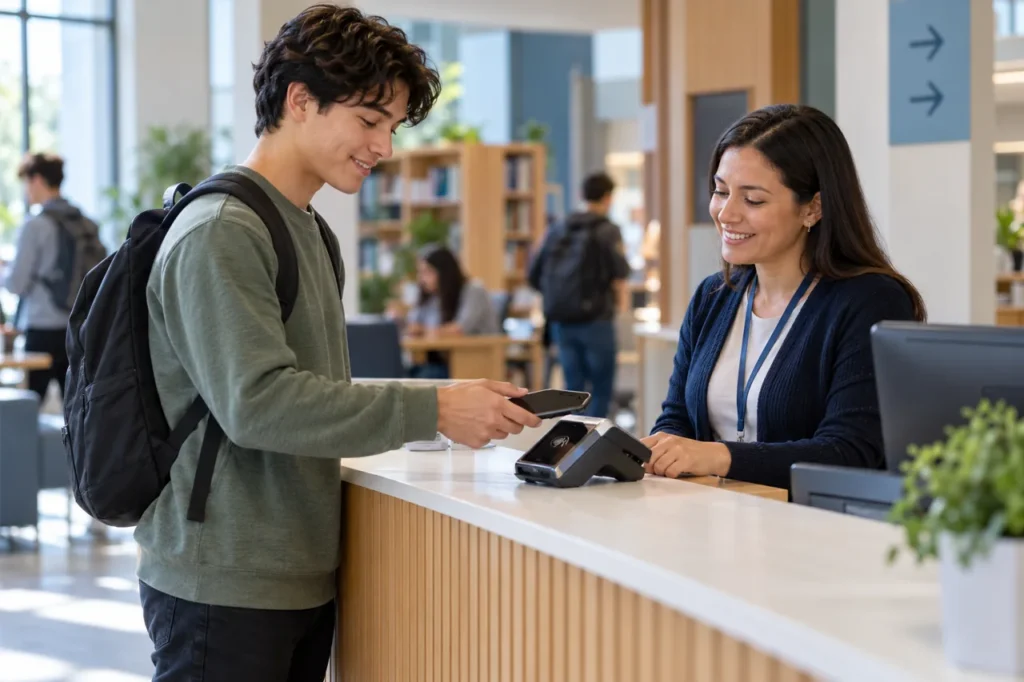 Student making a contactless phone payment at a campus service counter
