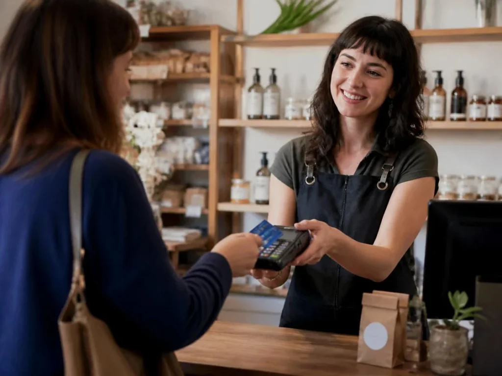 A customer pays at the counter of a retail business