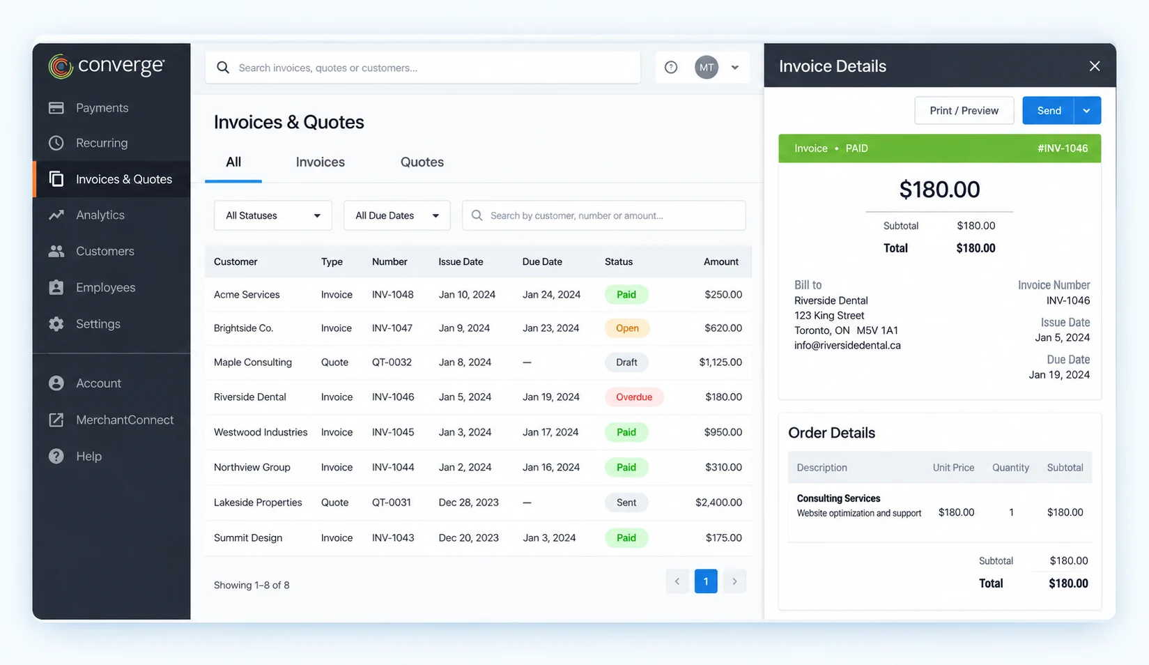 Invoicing dashboard showing invoice and quote statuses alongside an invoice detail panel