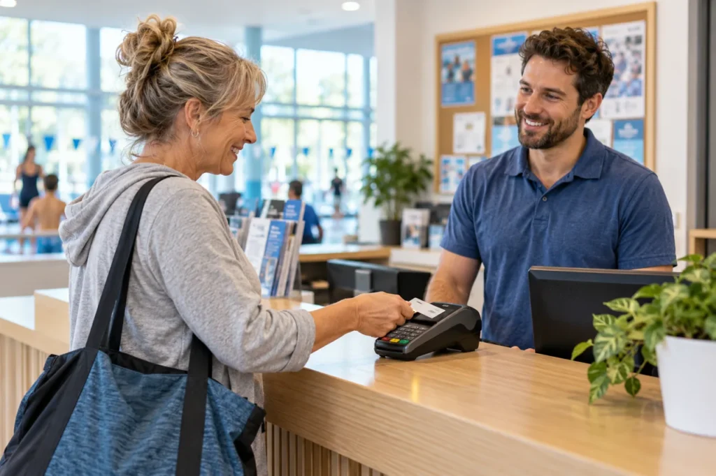 Citizen making a card payment at a recreation-service counter