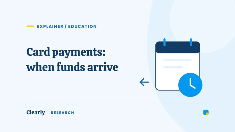 Card payment settlement explained, illustrated with a calendar and clock.