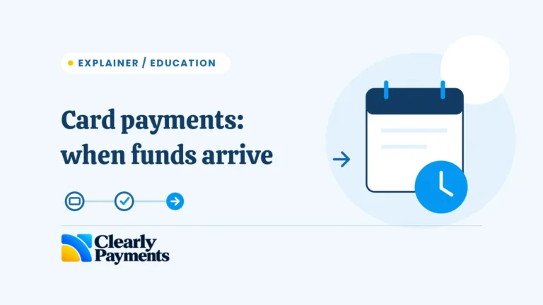 Card payment settlement explained with a calendar, clock and simple payment-process sequence.
