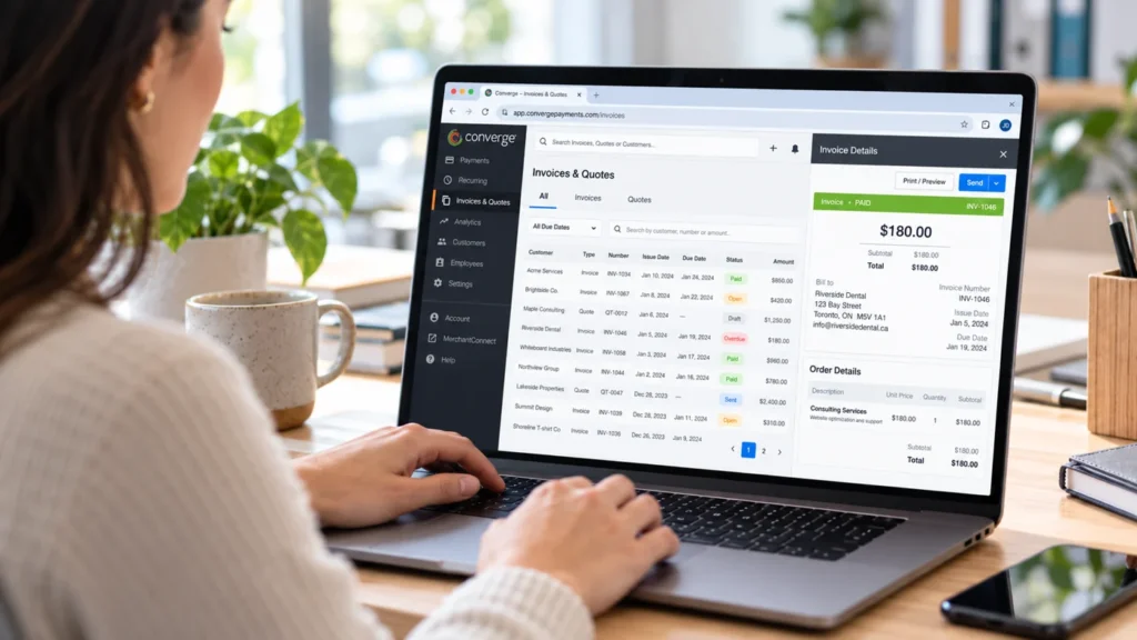 Business owner reviewing invoices and payment status in the Converge invoicing dashboard