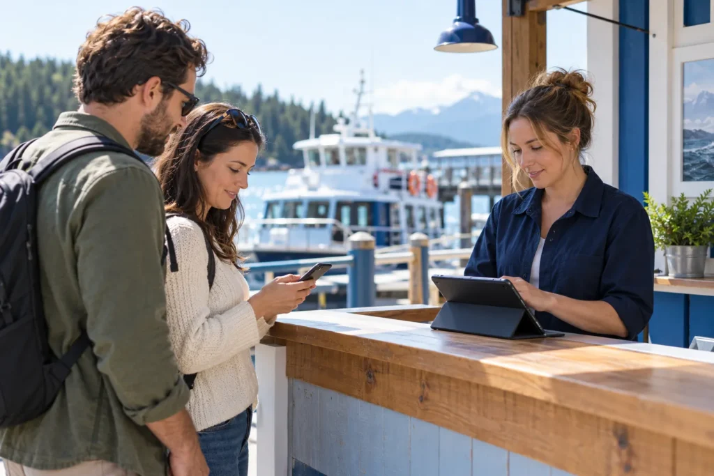Tour operator helping travellers complete a booking at a waterfront check-in counter